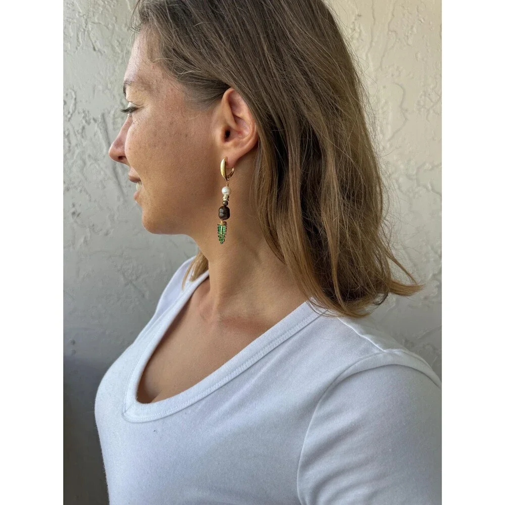 Nature-Inspired Leaf Long Dangle Earrings with Brown & white Freshwater Pearls -